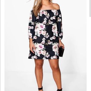 Boohoo Navy Floral Off Shoulder Dress